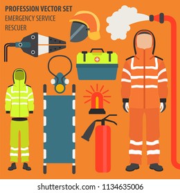 Profession and occupation set. Rescuer`s equipment, emergency service staff uniform flat design icon.Vector illustration 