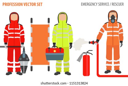 Profession and occupation set. Rescuer`s equipment, emergency service staff uniform flat design icon.Vector illustration 