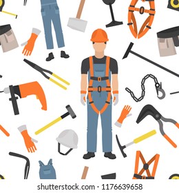 Profession and occupation set. Roofer tools and equipment. Seamless pattern. Vector illustration 