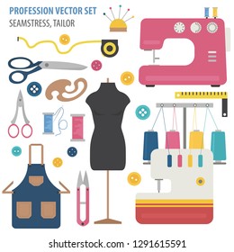 Profession and occupation set. Seamstress and tailor equipment, uniform flat design icon.Vector illustration 