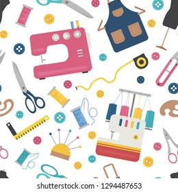 Profession and occupation set. Seamstress and tailor equipment seamless patter, flat design icon. Vector illustration 