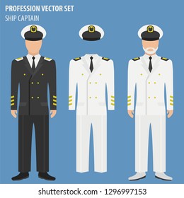 Profession and occupation set. Ship captain suit and equipment. Uniform flat design icon. Vector illustration 