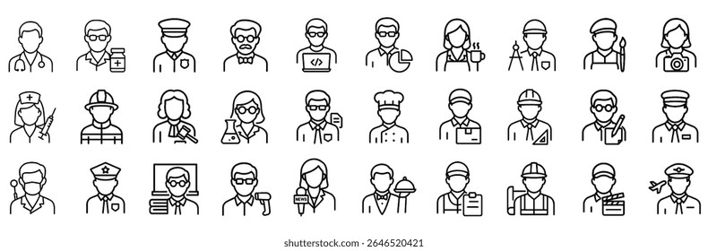 Profession and Occupation Stroke Icon Set — Doctors, Engineers, Chefs, Police, and More in Editable Vector Style.