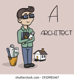 La profesión en la letra a - un arquitecto. Hombre vector de corte con atributos arquitectónicos - casa, regla, papel