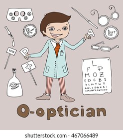 the profession optician in alphabetical order cartoon hand drawn outline for coloring adult isolated on the background