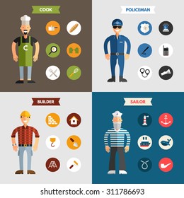 Profession People. Builder. Cook. Policeman. Sailor. Set of Flat Style Vector Infographic Design Elements