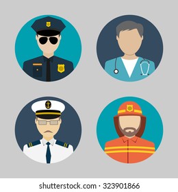 Profession people. flat avatars. sailor, policeman, fireman, doctor. for web and mobile app. vector illustrations