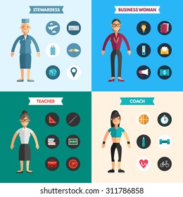 Profession People. Stewardess. Business Woman. Coach. Teacher. Set of Flat Style Vector Infographic Design Elements