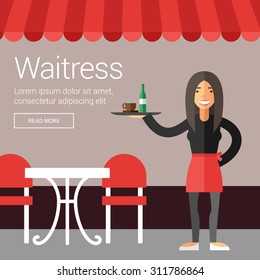 Profession People. Waitress. Flat Design Vector Illustration Concept for Web Banners and Promotional Materials
