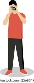 Profession Photographer Cartoon Illustration. Person Holding Camera. Flat Vector Character.