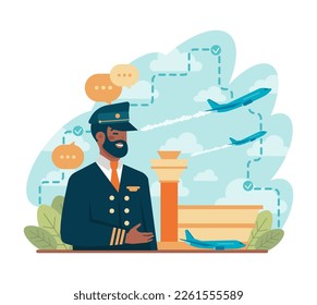 Profession pilot of aircraft. Black man flying commercial airlines. Black female character in uniform standing near airport. Flat vector illustration