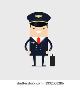 Profession pilot of aircraft. Man in uniform standing with luggage. Aircraft personnel.