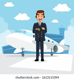 Profession Pilot Aircraft Man Uniform Standing Front Plane Vector Illustration