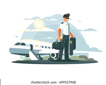 Profession pilot of aircraft. Man in uniform standing near airplane. Vector illustration