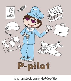 the profession pilot in alphabetical order cartoon hand drawn outline for coloring adult isolated on the background
