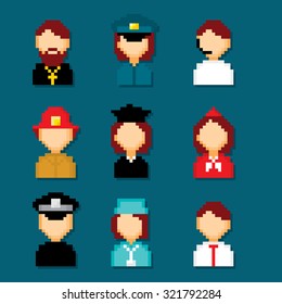 Profession pixels icons set. Old school computer graphic style.