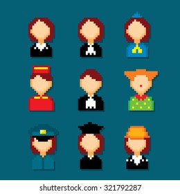 Profession pixels icons set. Old school computer graphic style.
