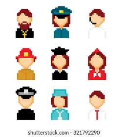 Profession pixels icons set. Old school computer graphic style.