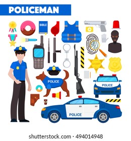 Profession Policeman Vector Icons Set with Police Car and Handcuffs