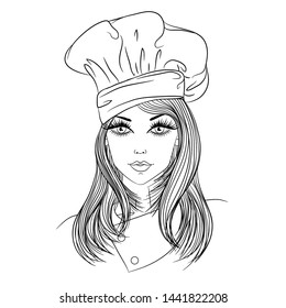 Profession. Portrait of a young beautiful woman chef  in chef's hat. Vector line art illustration isolated on white background.