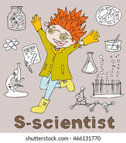 the profession scientist in alphabetical order cartoon hand drawn outline for coloring adult isolated on the  background