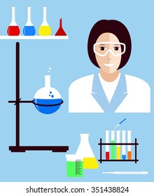 Profession scientist chemist. Female Portrait Flat Design Vector Illustration.