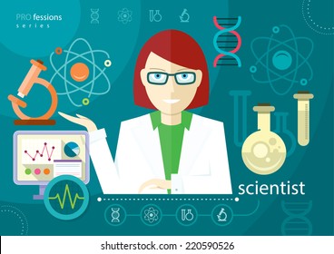 Profession scientist with icon elements of laboratory test tubes microscope analysis of molecule flat design cartoon style