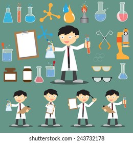 Profession scientist with icon elements of laboratory equipment test, cartoon analysis and research vector illustration