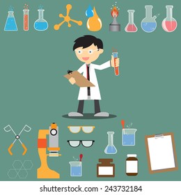 Profession scientist with icon elements of laboratory equipment test, cartoon analysis style vector illustration