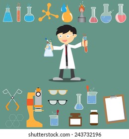 Profession scientist with icon elements of laboratory equipment test, cartoon analysis style vector illustration