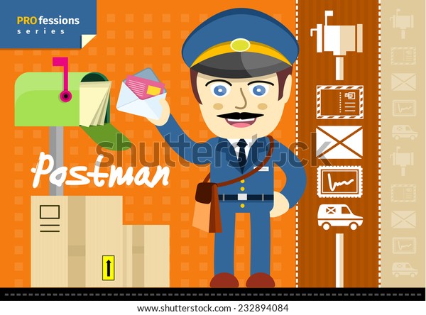 Profession series with moustached\
postman in uniform with bag and letter standing near\
mailbox