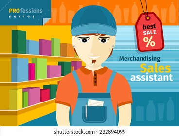 Profession series with young man sales assistant, merchandiser with stylish beard standing in front of supermarket shelves with goods
