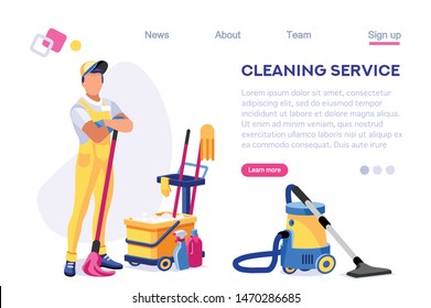 Profession Service Supply Work. Cleaner Web Floor Page. Professional Home Vacuum Set. Mess Template Sweeping Banner. Isometric Cartoon Flat Vector Illustration Isolated on White Background Concept.