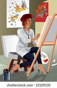 Profession set: attractive painter in her studio