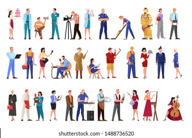 Profession set. Collection of occupation, male and female worker in the uniform. Doctor, engineer, fireman and teacher. Isolated vector illustration in cartoon style