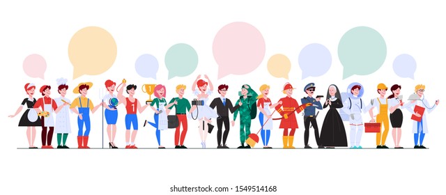 Profession set. Collection of occupation, male and female worker in the uniform with speech bubbles. Doctor, soldier, fireman and teacher. Isolated vector illustration in cartoon style