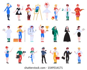 Profession set. Collection of occupation, male and female worker in the uniform. Doctor, soldier, fireman and teacher. Isolated vector illustration in cartoon style