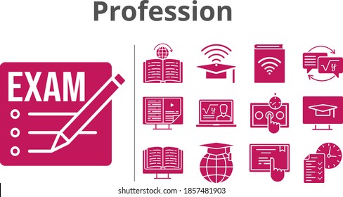 profession set. included exam, audiobook, professor, cap, ebook, test, school, homework, touchscreen, learning, student-desktop icons. filled styles.