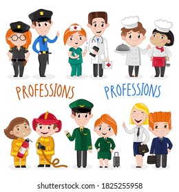 Profession set. Isolated doctor, nurse person, pilot boy, firefighter kid, chef child, police officer in uniform set. Job icon collection. Work profession, professional occupations vector illustration