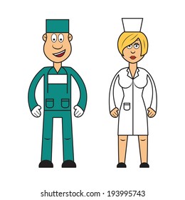 Profession set vector: female doctor and male surgeon in smocks
