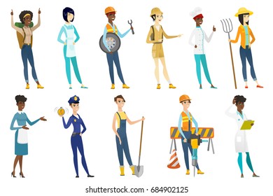 Profession set for women - auto mechanic, builder, tourist, chief-cooker, housekeeper, doctor, police woman, farmer with shovel. Set of vector flat design illustrations isolated on white background.