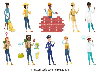 Profession set for women - builder, bricklayer, tourist, chief-cooker, cleaner with vacuum-cleaner, doctor, police woman, farmer. Set of vector flat design illustrations isolated on white background.