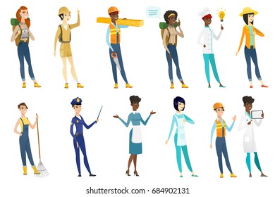 Profession set for women - builder, carpenter, traveler with binoculars, chef, cleaner, doctor, police woman, rancher with rake. Set of vector flat design illustrations isolated on white background.