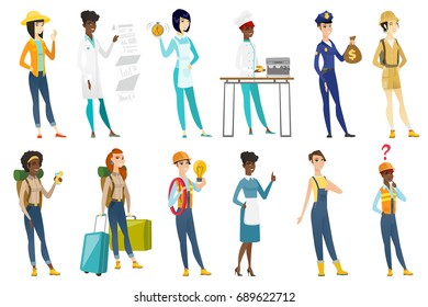 Profession set for women - builder in hard hat, tourist, barista, housekeeper giving thumb up, doctor, police woman, farmer. Set of vector flat design illustrations isolated on white background.
