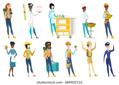 Profissão definida para mulheres - construtor, pintor de casa, viajante com mala, chef, faxineiro, médico dentista, mulher policial, rancheiro. Conjunto de ilustrações de design plano vetorial isoladas sobre fundo branco.