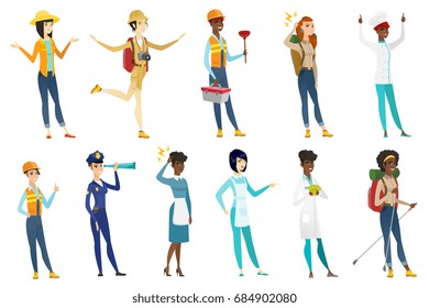 Profession set for women - builder, plumber, traveler with trekking poles, chief-cooker, cleaner, doctor, police woman, rancher. Set of vector flat design illustrations isolated on white background.