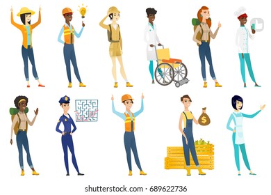 Profession set for women - builder pointing at idea light bulb, traveler, chief-cooker, cleaner, nurse, police detective, rancher. Set of vector flat design illustrations isolated on white background.