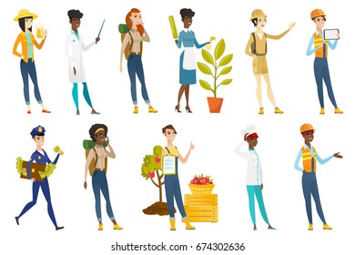Profession set for women - builder with tablet, traveler talking on the phone, chef, cleaner, doctor, police woman, gardener. Set of vector flat design illustrations isolated on white background.