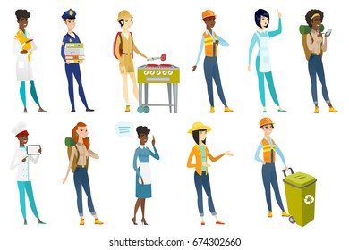 Profession set for women - builder, tourist cooking steak, chief-cooker, housekeeper, veterinarian doctor, police woman, farmer. Set of vector flat design illustrations isolated on white background.