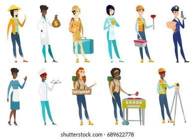 Profession set for women - plumber, builder, tourist with suitcase, barista, housekeeper waving, doctor, police woman, farmer. Set of vector flat design illustrations isolated on white background.